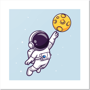 Cute Astronaut Catching Moon Cartoon Posters and Art